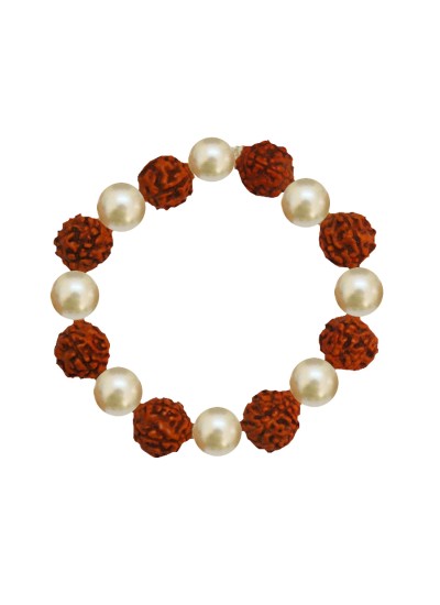 Menjewell Brown::White Panch Mukhi wood Rudraksha and pearl Combination Rudraksha Bracelet