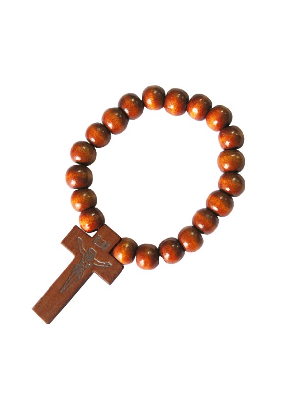 Beige Wood Bead Christ cross charm Wooden Religious Bracelet 