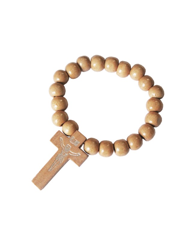 Beige Wood Bead Christ cross charm wood Religious Bracelet 