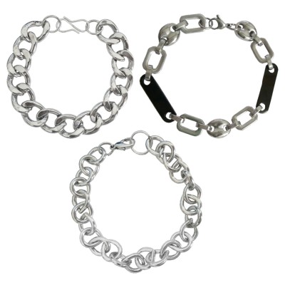 Menjewell Black::Silver South Indian Style Oval Cable Chain Design Metal Bracelet Combo For Men & Boys