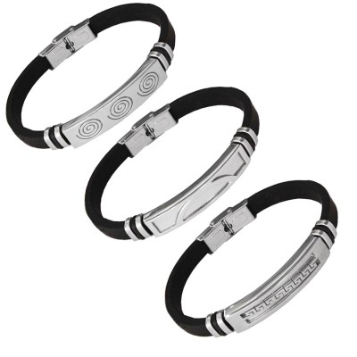 Menjewell New Classic Black::Silver Fashionable Cord Design Silicon Rubber Bracelet Combo For Men & Boys