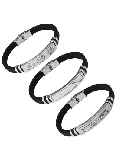 Menjewell New Classic Black::Silver Fashionable Cord Design Silicon Rubber Bracelet Combo For Men & Boys