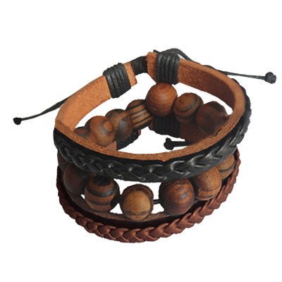 Menjewell Genuine Leather Multicolor Fancy Beads Braid Wrap Rope  Multi-Strand Combo Bracelet