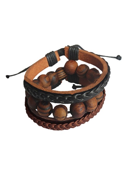 Menjewell Genuine Leather Multicolor Fancy Beads Braid Wrap Rope  Multi-Strand Combo Bracelet