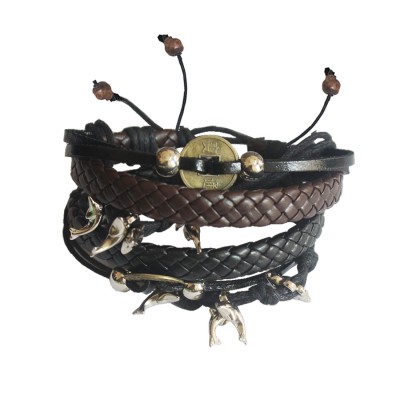 Menjewell Charm Fish Braid Wrap Rope  Multi-Strand Combo Leather Bracelet Set