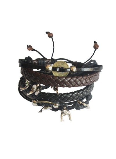 Menjewell Charm Fish Braid Wrap Rope  Multi-Strand Combo Leather Bracelet Set