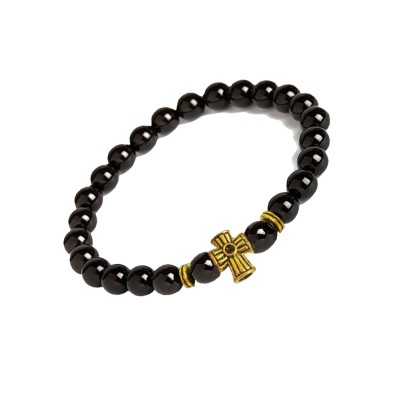 Handmade Jesus Christ Cross And Black Onyx Stone Beads Bracelet 