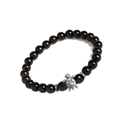 Black Handmade Tortoise Charm And Black Onyx Stone Beads Bracelet 