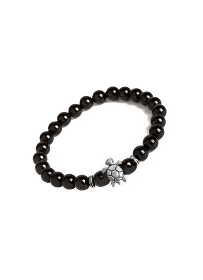 Black Handmade Tortoise Charm And Black Onyx Stone Beads Bracelet 