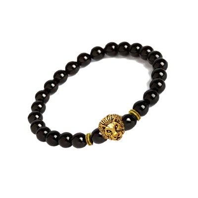 Buddha Leo Lion Head With Black Onyx Stone Beaded Bracelet