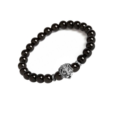 Buddha Leo Lion Head With Black Onyx Stone Beaded Bracelet 