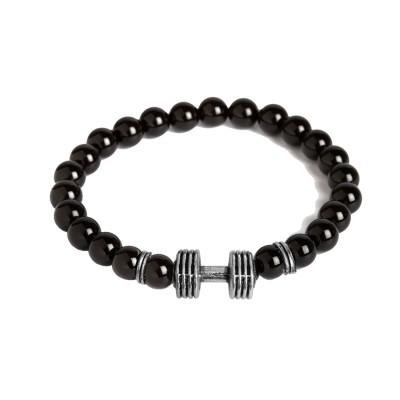 Barbell/Dumbbell charm And Black Onyx Beads Design Bracelet 