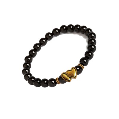 Onyx Stone Beads With Connecting Two Heart Charm Design Bracelet 