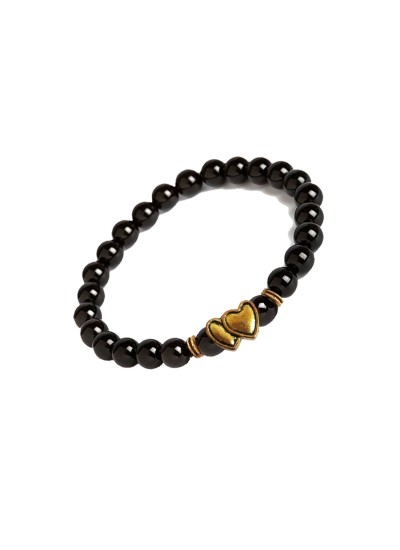 Onyx Stone Beads With Connecting Two Heart Charm Design Bracelet 