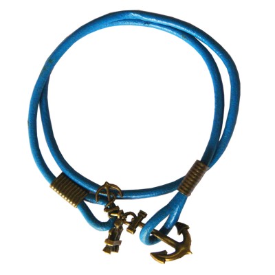 Anchor Lock Wrap Blue Fashion Leather Bracelet 