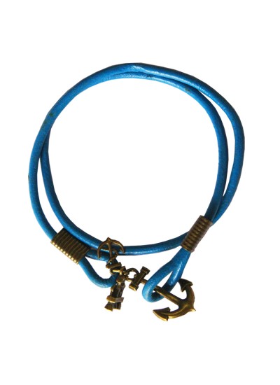 Anchor Lock Wrap Blue Fashion Leather Bracelet 