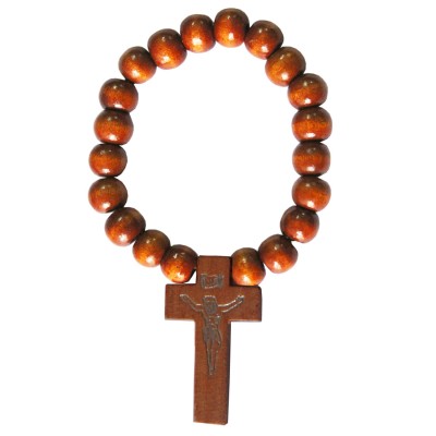 Beige Wood Bead Christ cross charm Wooden Religious Bracelet 