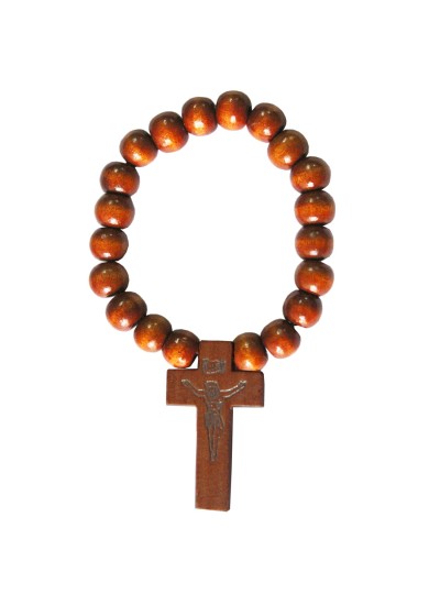 Beige Wood Bead Christ cross charm Wooden Religious Bracelet 