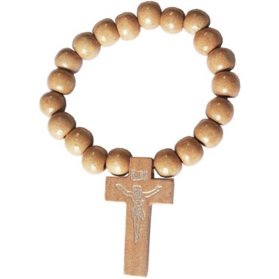 Beige Wood Bead Christ cross charm wood Religious Bracelet 