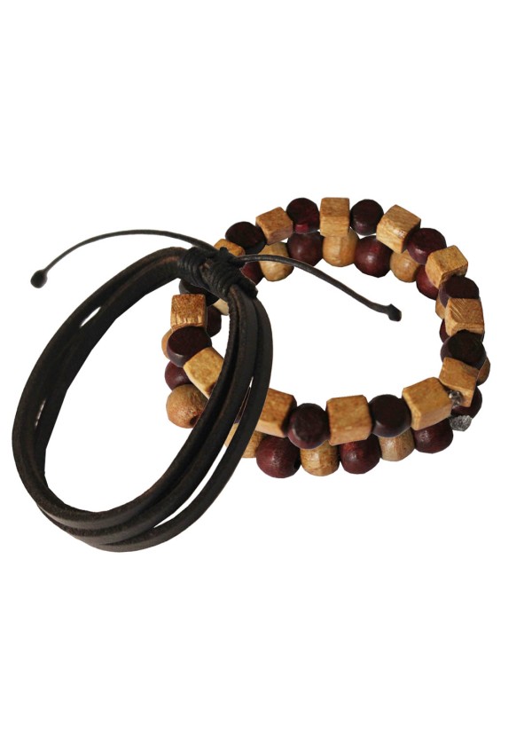 Multicolor Wood with Leather Combo Set Wooden Bracelet