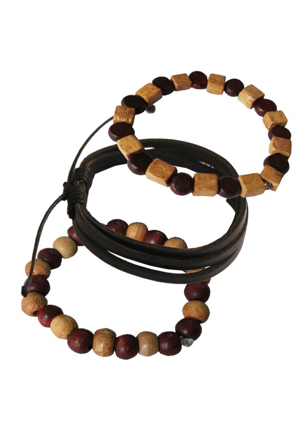 Multicolor Wood with Leather Combo Set Wooden Bracelet