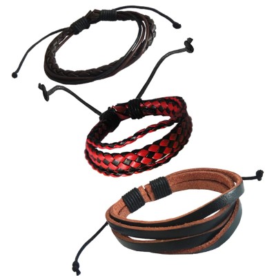 Menjewell Classic Genuine Leather Multicolor Stylish Punk Adjustable Multistrand Bracelet Combo