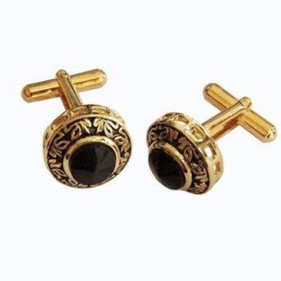 Menjewell Black Stone Studed Round Design Antique Cufflinks