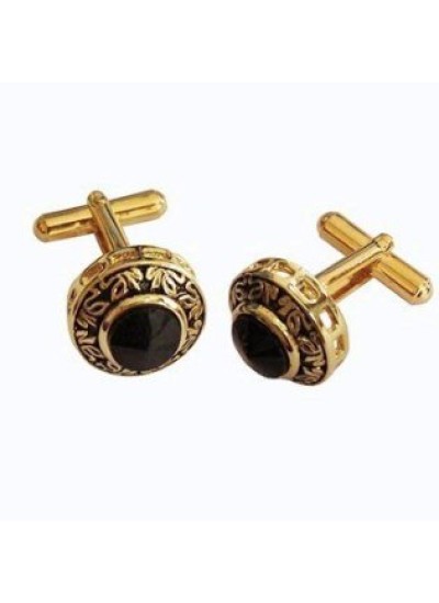 Menjewell Black Stone Studed Round Design Antique Cufflinks