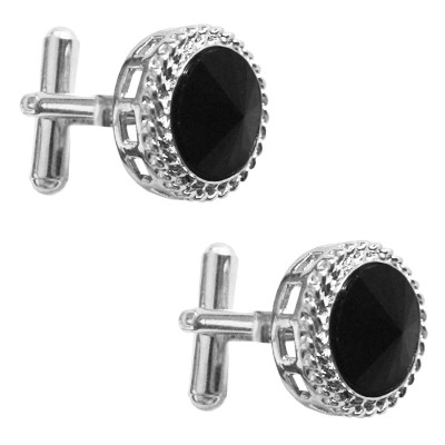 Menjewell Silver & Black Round Design Formal Dress Cufflinks