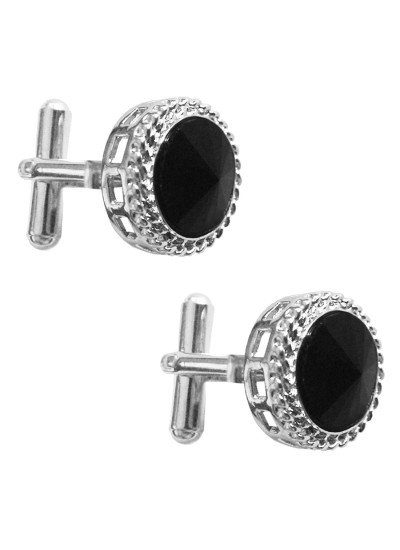 Menjewell Silver & Black Round Design Formal Dress Cufflinks