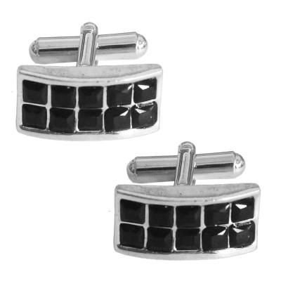 Menjewell Silver & Black Rectangle Design Black Stone Formal Dress Cufflinks