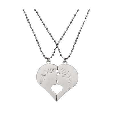 Menjewell Silver Happy Boy and Girls Kiss Charms Broken Heart Dual Pendants