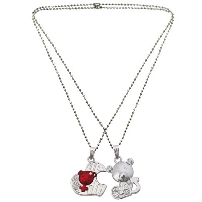 Menjewell Couple Heart Silver & Maroon Cute Teddy Bear Broken Heart Pendant