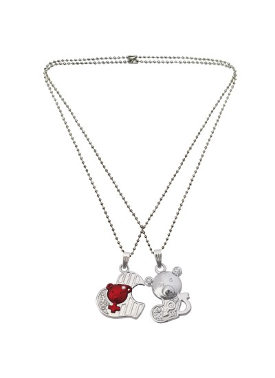 Menjewell Couple Heart Silver & Maroon Cute Teddy Bear Broken Heart Pendant